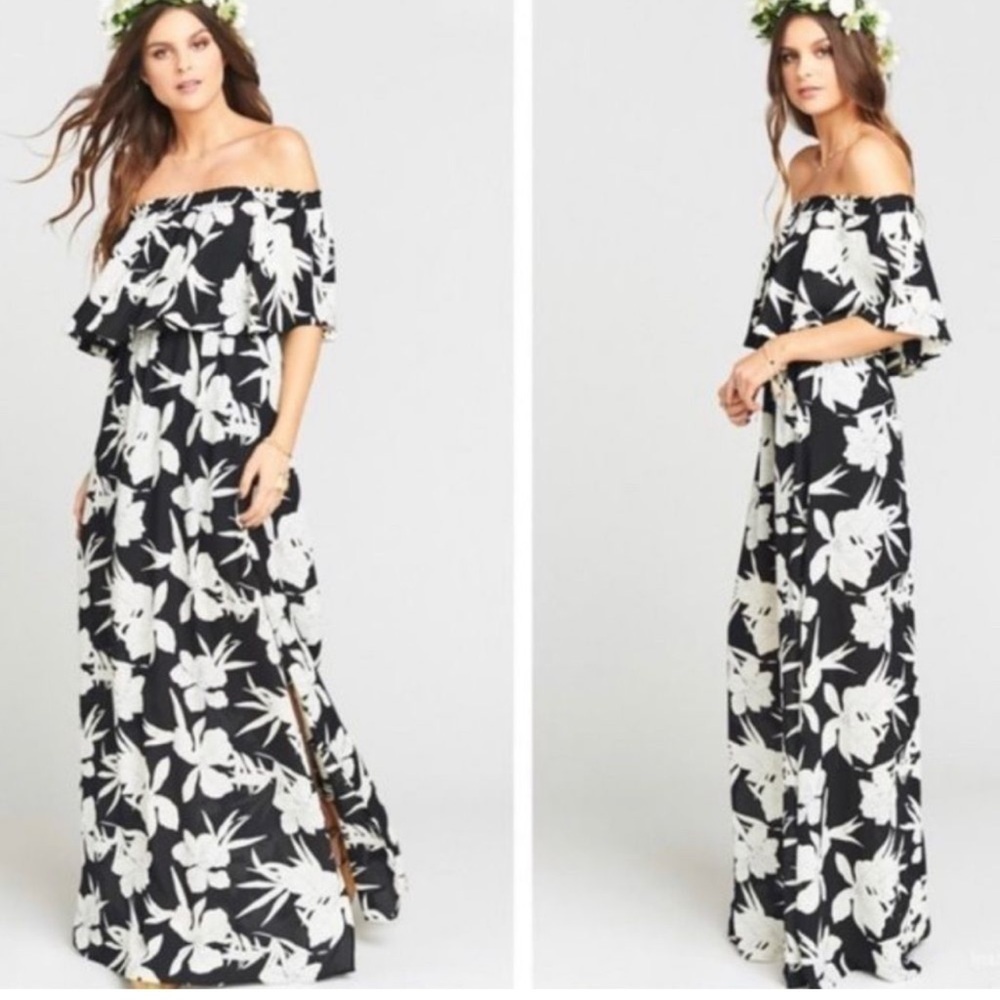 Sold Show Me Your Mumu Off Shoulder Floral Black/White Hacienda Maxi Dress
